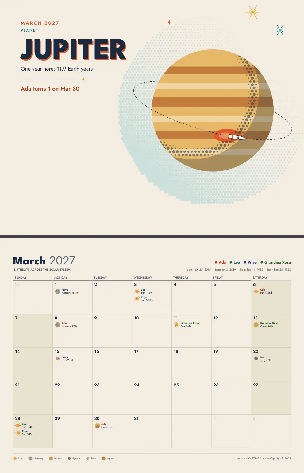 Space Age style: March, with a Jupiter poster for a first Jupiter birthday above the month grid